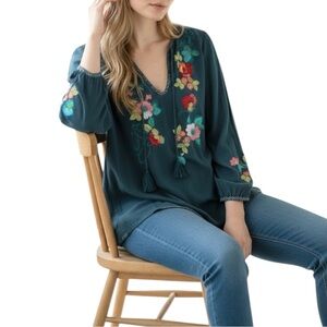Johnny Was Silk V-Neck Longsleeve Bohemian Blouse X-Small *FLAWED*